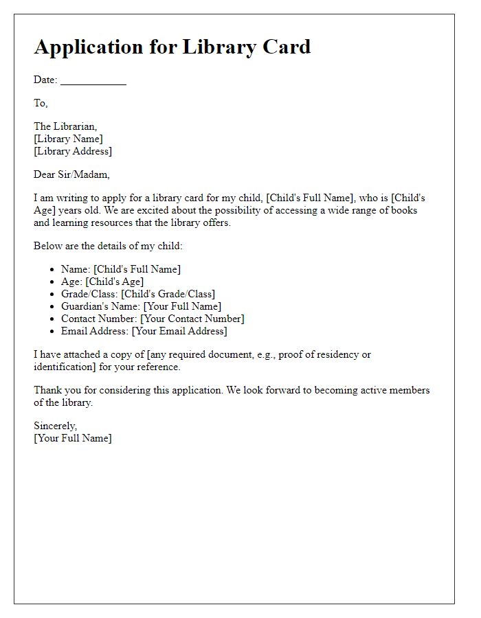 Letter template of application for library card for children