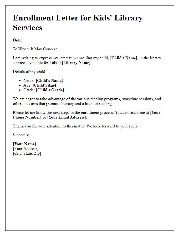 Letter template of enrollment for kids' library services