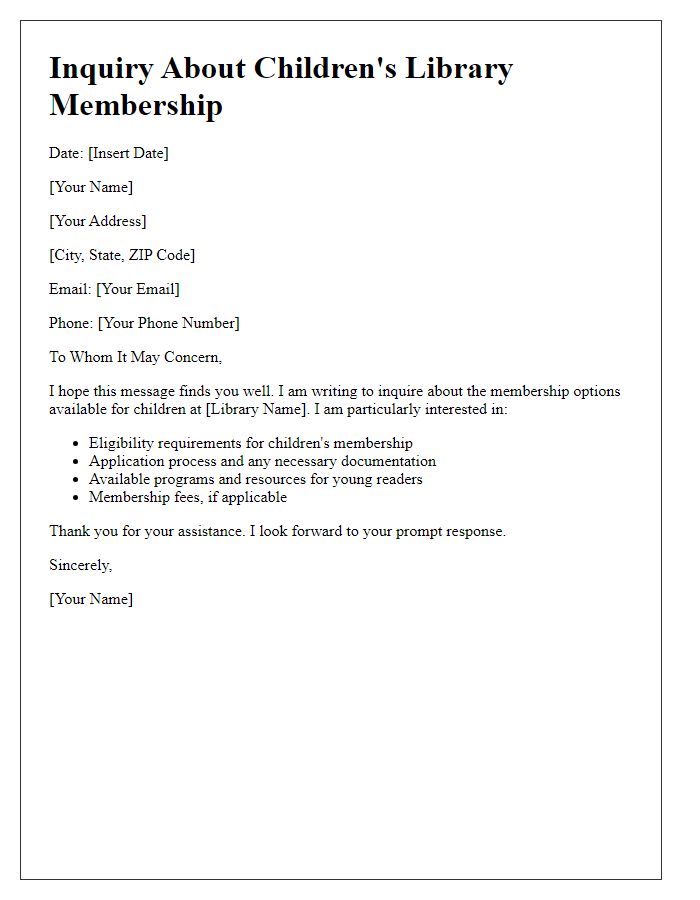 Letter template of inquiry about children's library membership