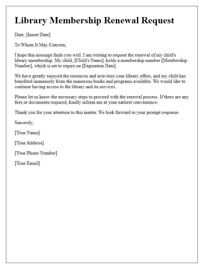 Letter template of renewal request for childs library membership