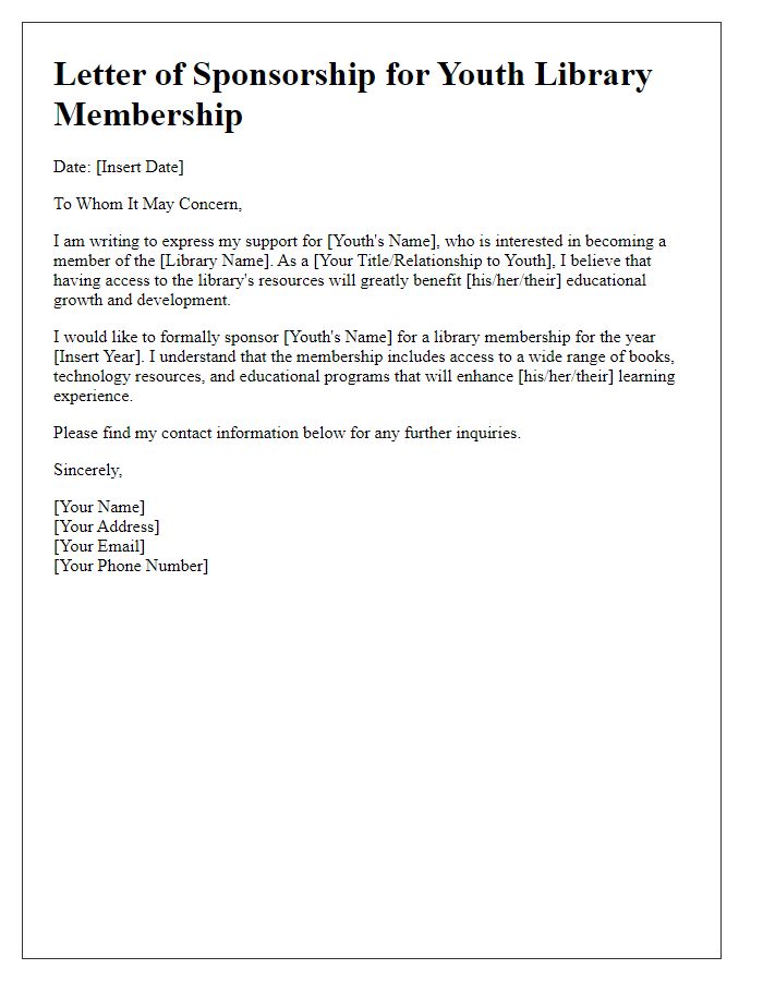 Letter template of sponsorship for youth library membership