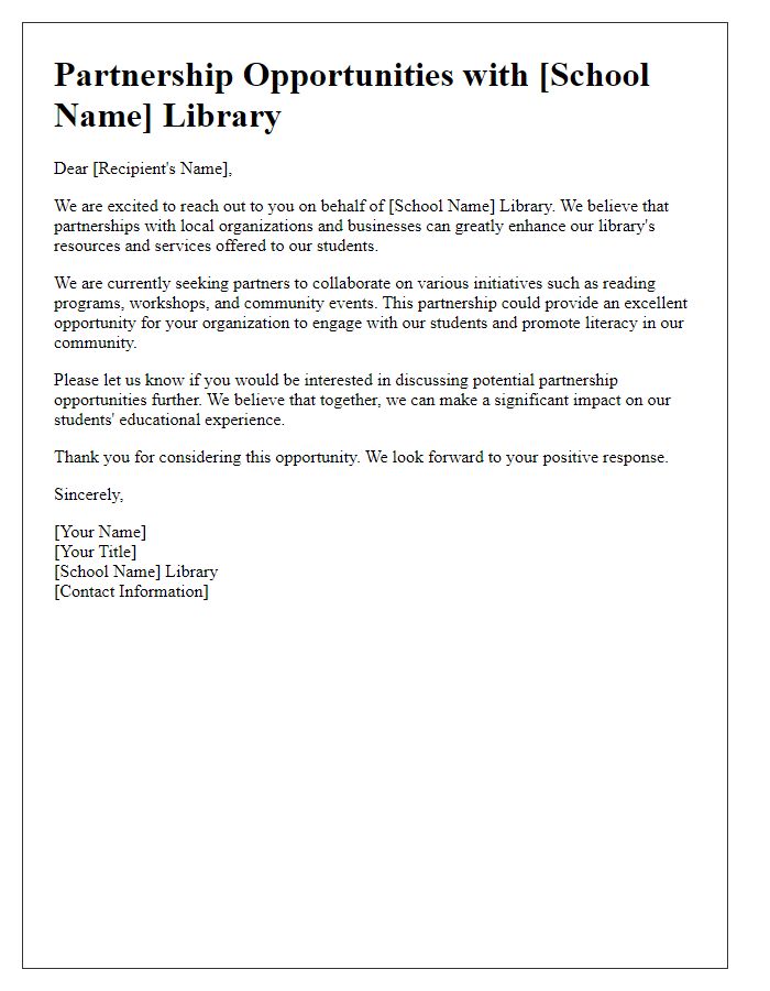 Letter template of partnership opportunities with the school library