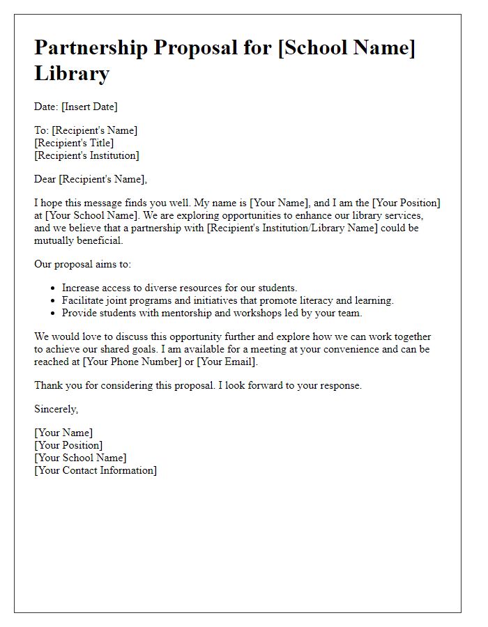 Letter template of proposal for school library partnership