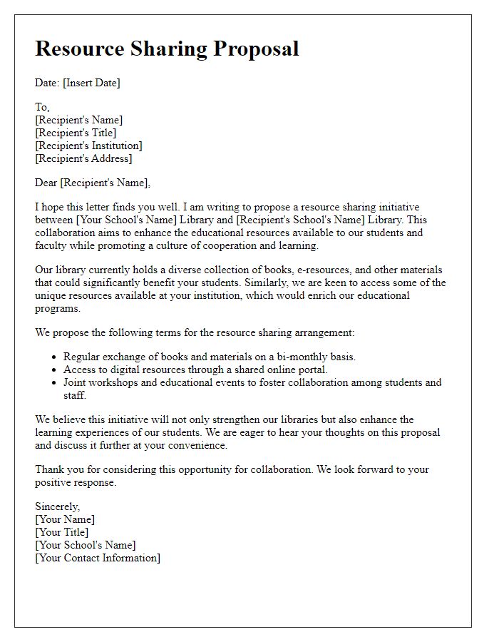 Letter template of resource sharing proposal for the school library