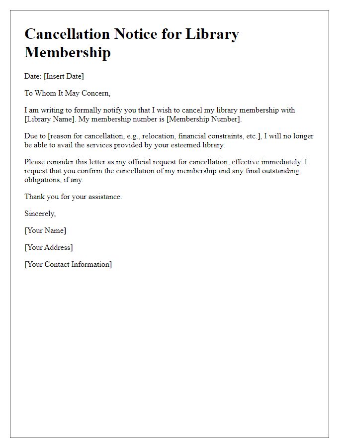 Letter template of cancellation notice for library membership