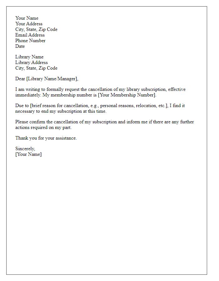 Letter template of library subscription cancellation request