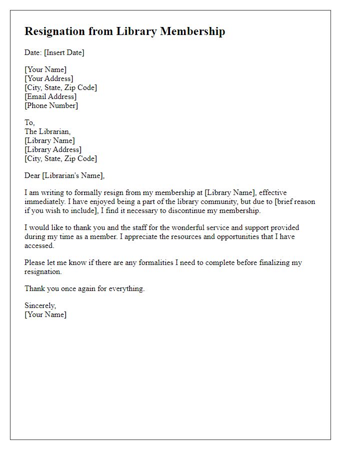 Letter template of resignation from library membership