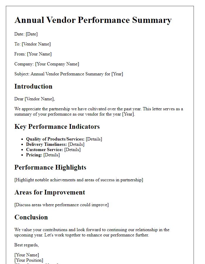 Letter template of Annual Vendor Performance Summary