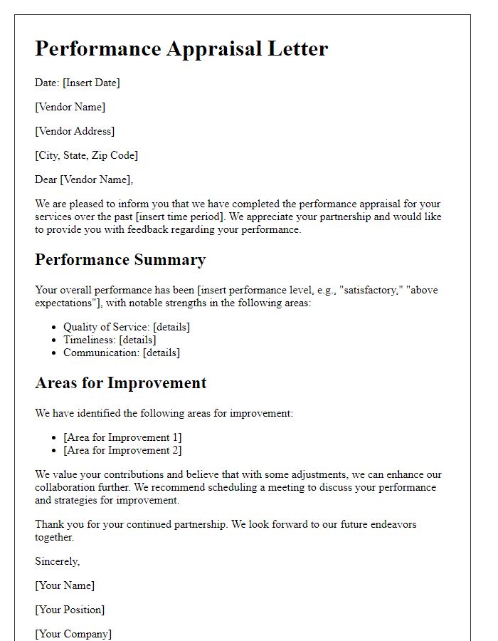 Letter template of Performance Appraisal for Vendors