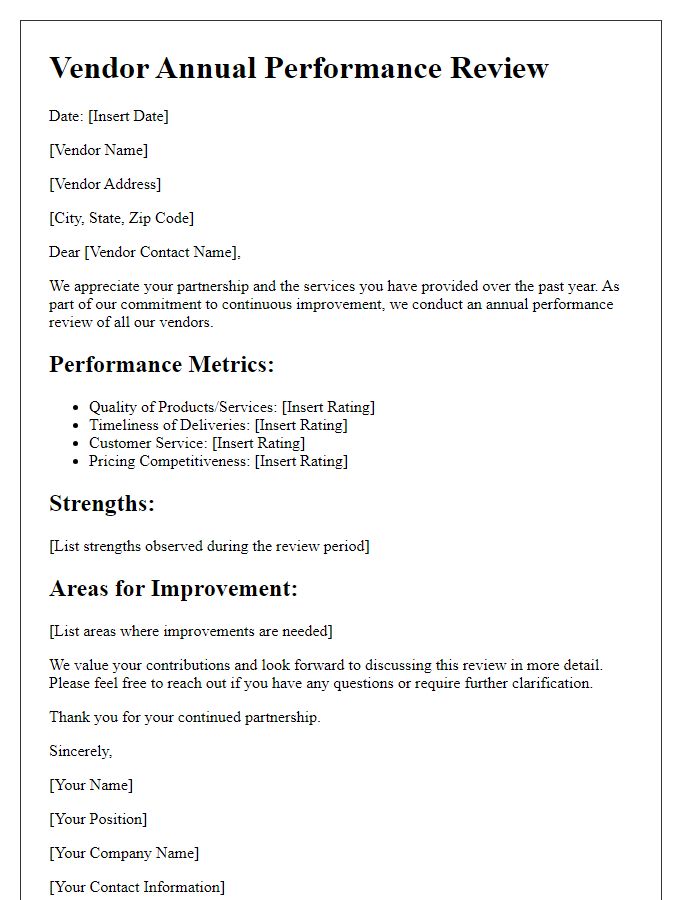 Letter template of Vendor Annual Performance Review