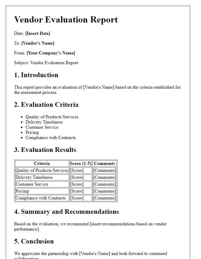 Letter template of Vendor Evaluation Report