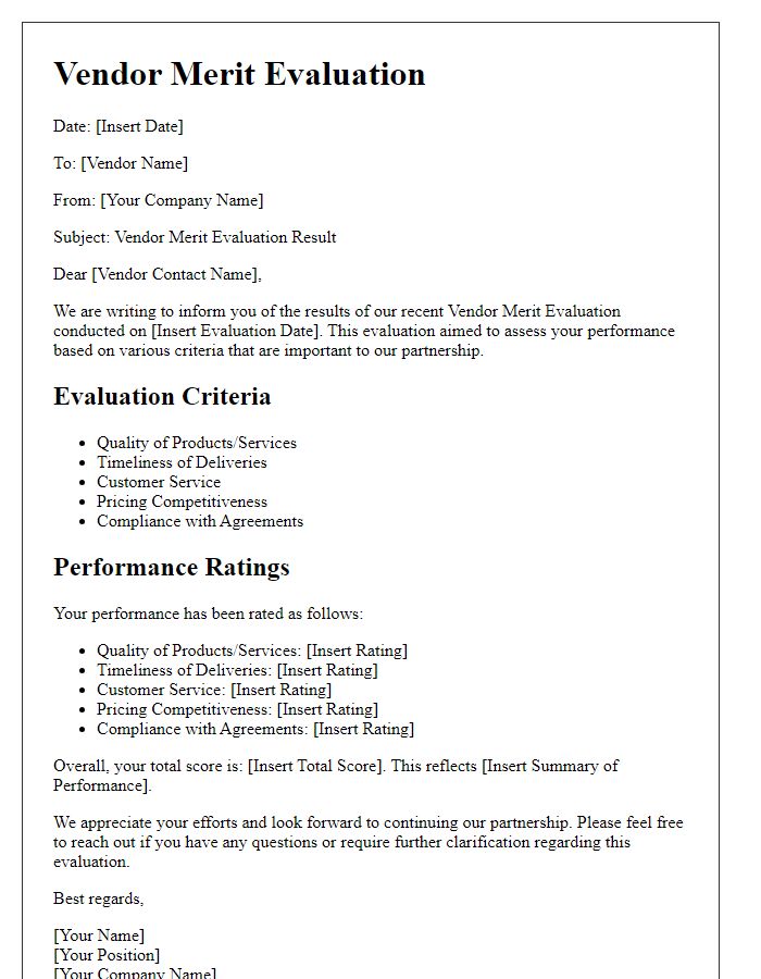 Letter template of Vendor Merit Evaluation