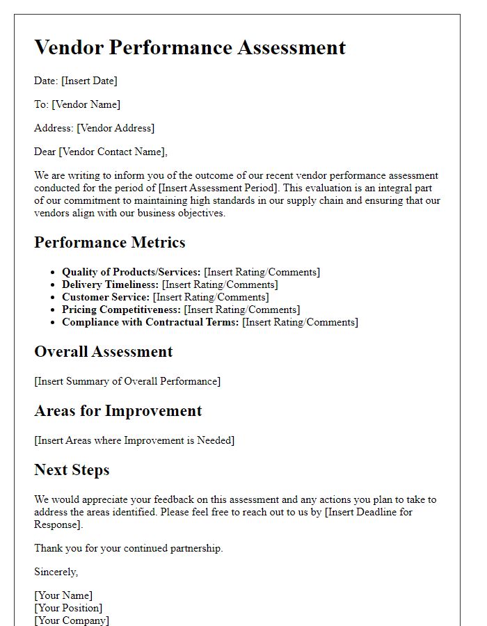 Letter template of Vendor Performance Assessment