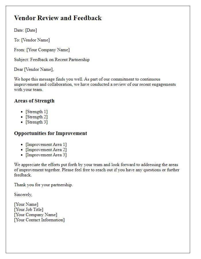Letter template of Vendor Review and Feedback