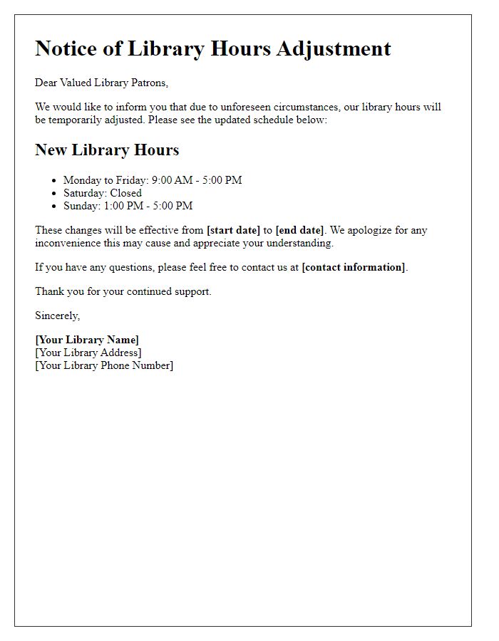 Letter template of library hours adjustment notification