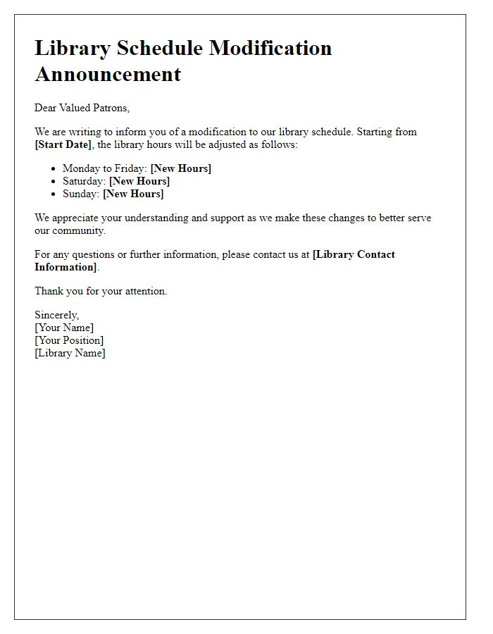 Letter template of library schedule modification announcement