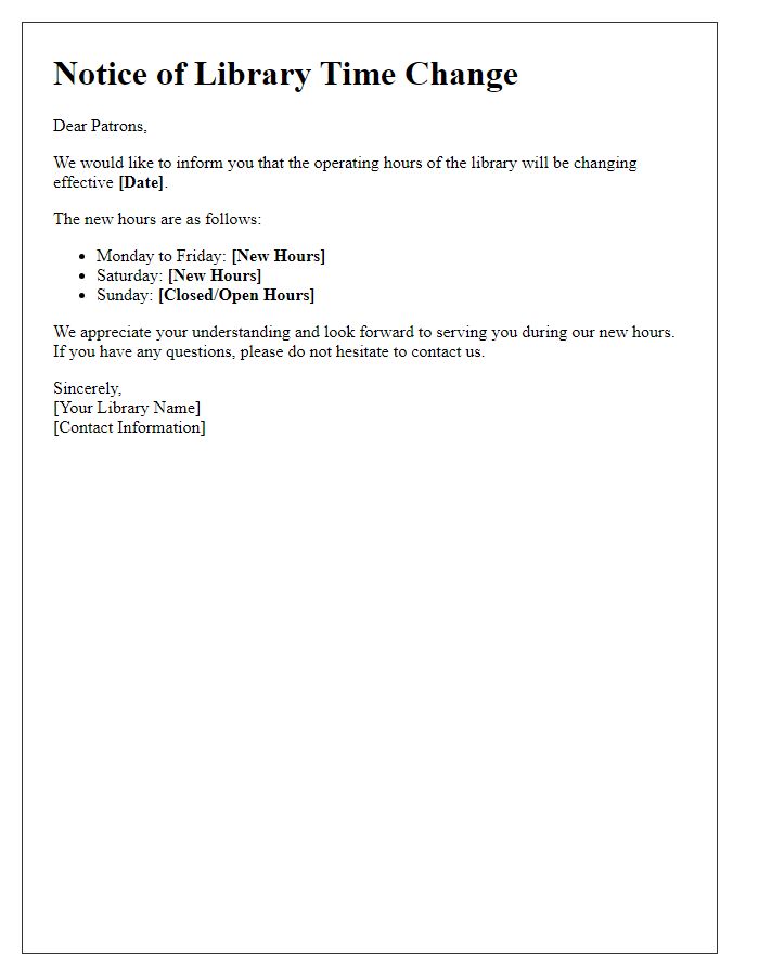 Letter template of library time change communication