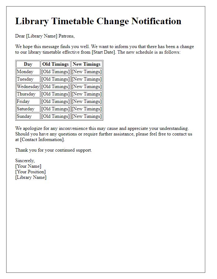 Letter template of library timetable change alert