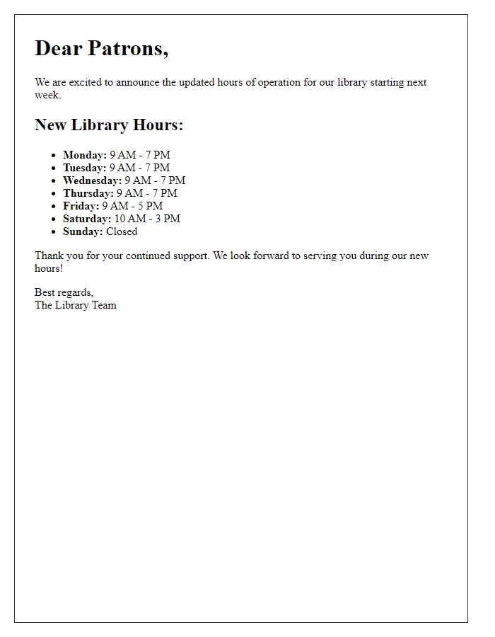 Letter template of new library hours detail