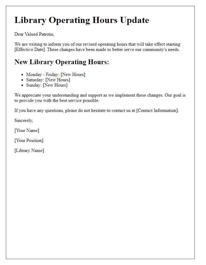 Letter template of revised library operating hours