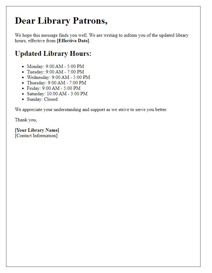 Letter template of updated library hours information