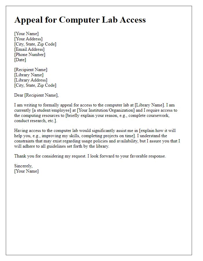 Letter template of appeal for computer lab access at the library