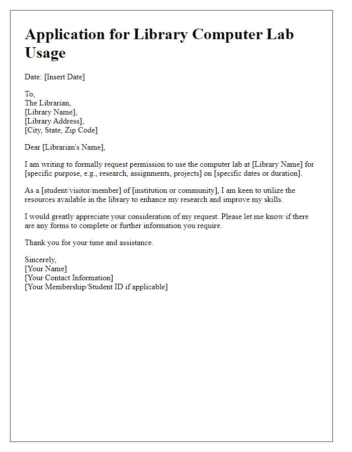 Letter template of application for library computer lab usage