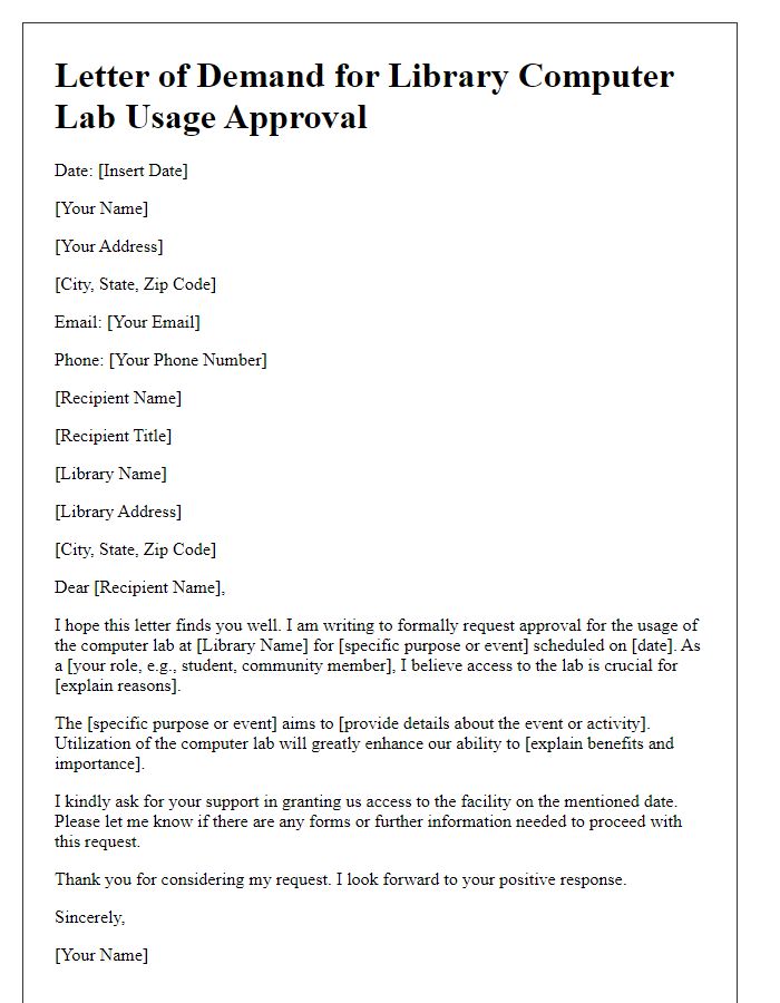 Letter template of demand for library computer lab usage approval