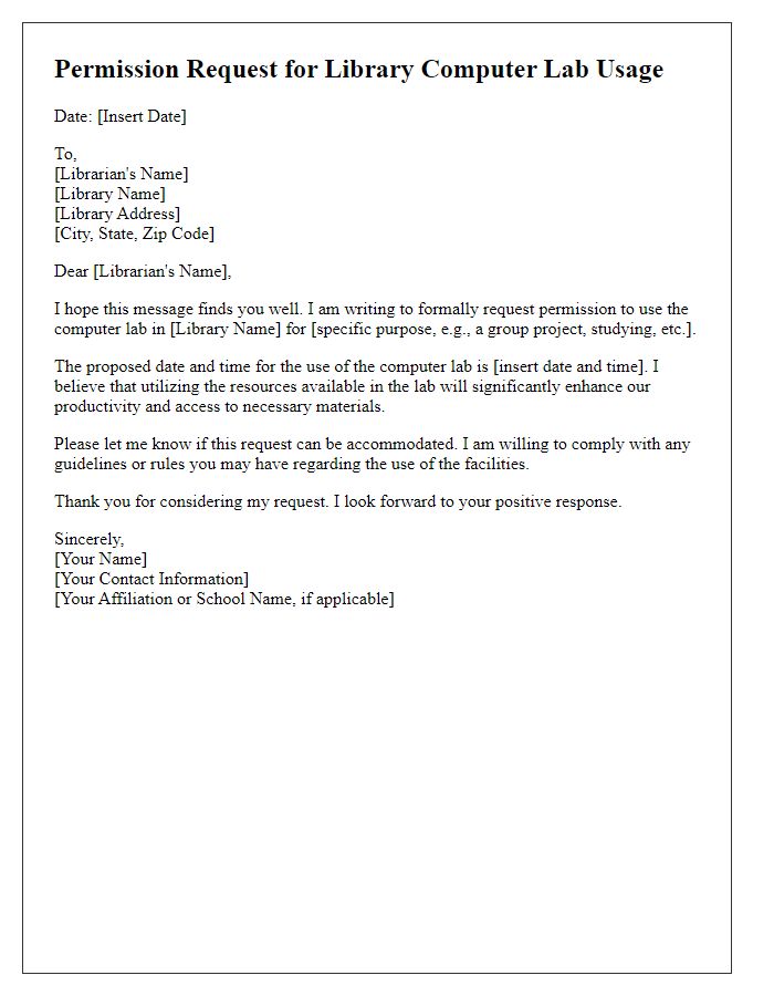 Letter template of permission request for library computer lab