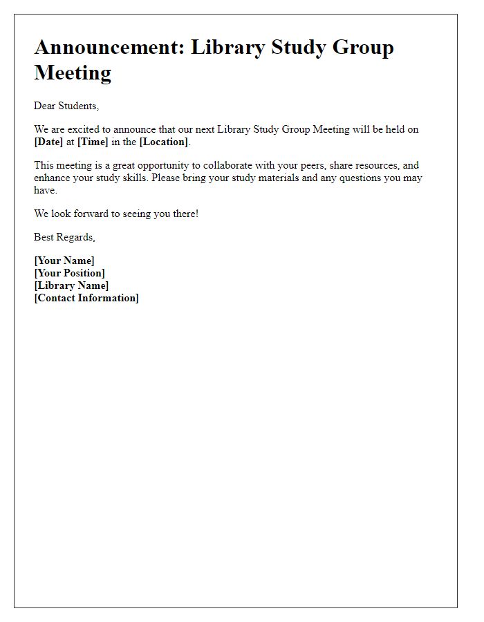 Letter template of announcement for library study group meeting