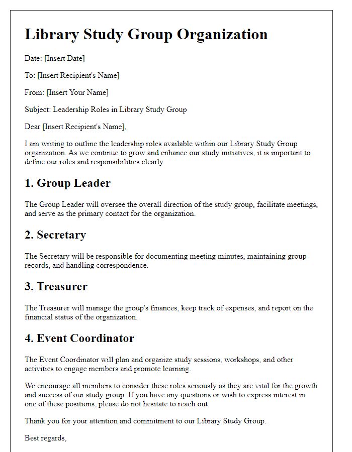 Letter template of leadership roles for library study group organization