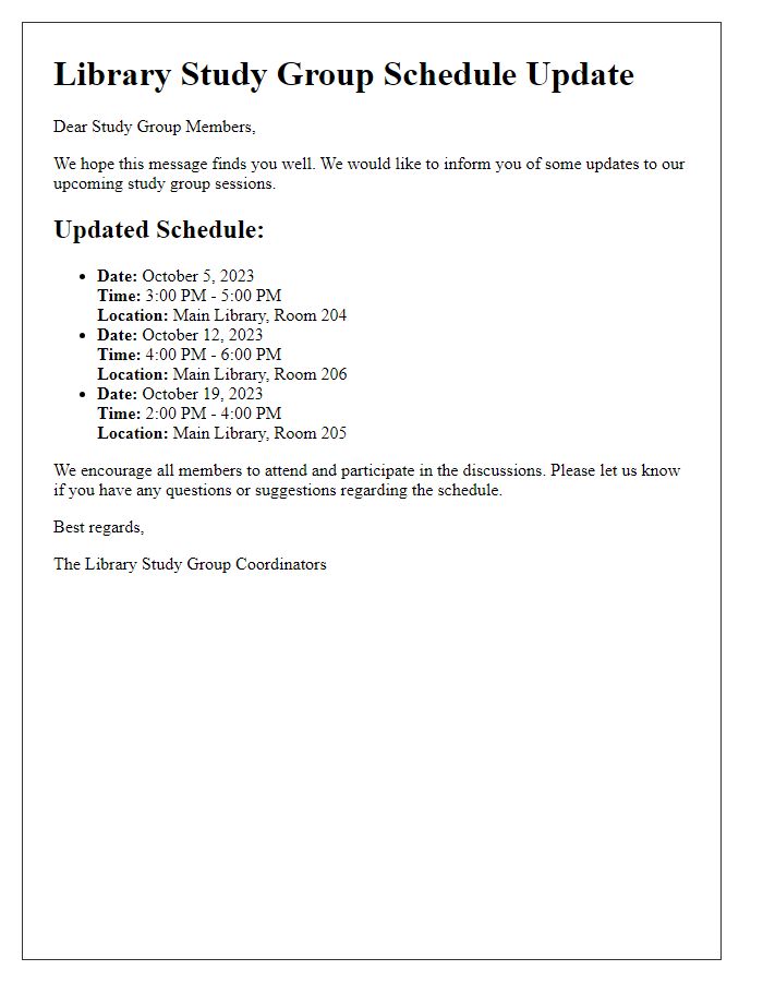 Letter template of schedule update for library study group sessions