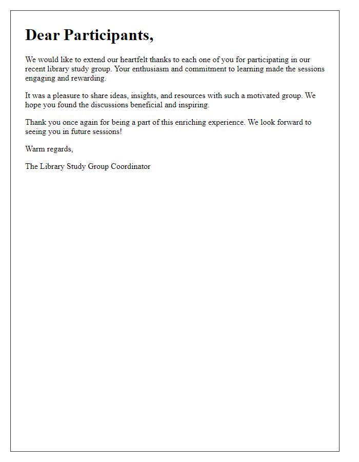 Letter template of thank you to participants of library study group