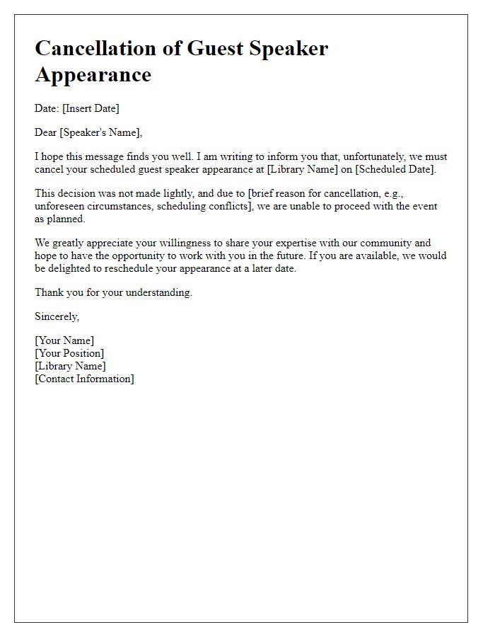 Letter template of cancellation for library guest speaker appearance