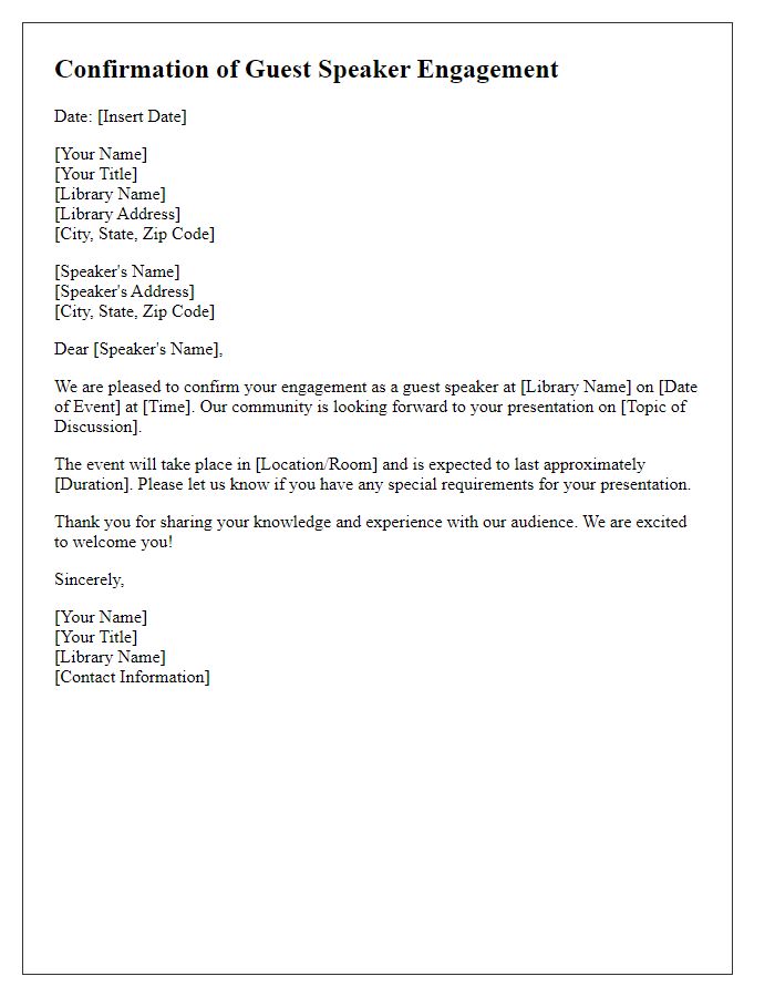 Letter template of confirmation for library guest speaker engagement