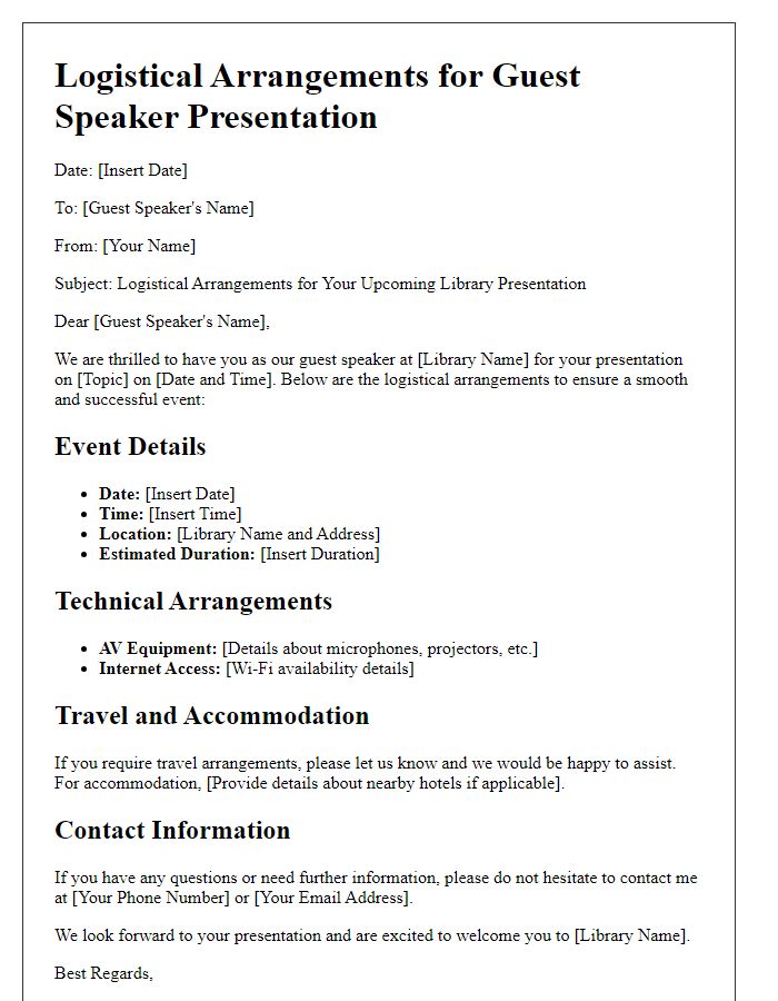 Letter template of logistical arrangements for library guest speaker presentation