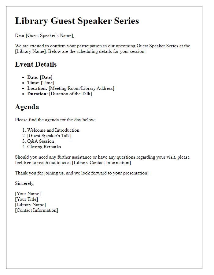 Letter template of scheduling details for library guest speaker series