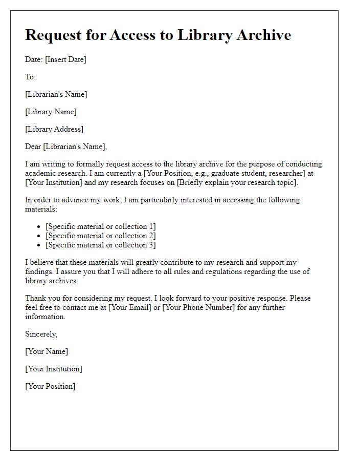 Letter template of library archive access request for academic research.