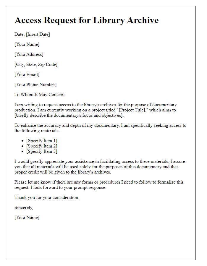 Letter template of library archive access request for documentary production.