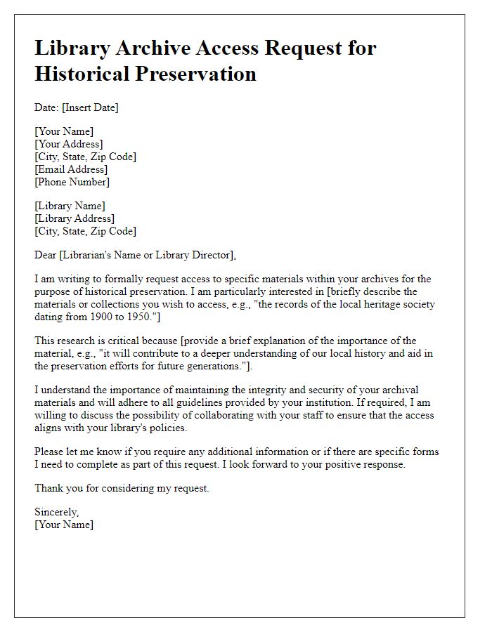 Letter template of library archive access request for historical preservation purposes.