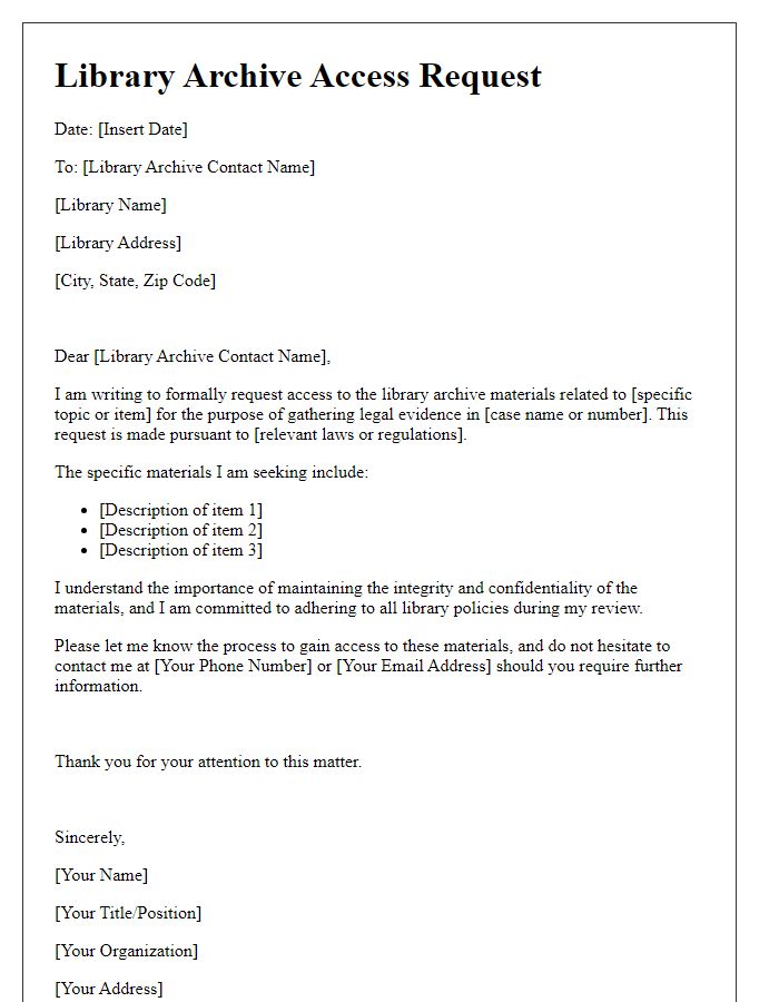 Letter template of library archive access request for legal evidence gathering.