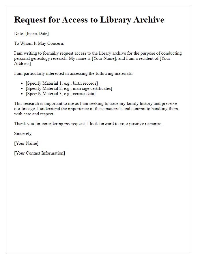 Letter template of library archive access request for personal genealogy study.