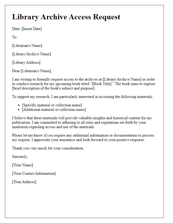 Letter template of library archive access request for publishing a book.