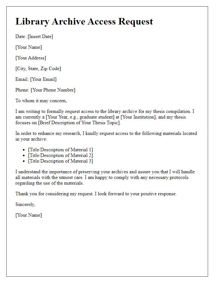 Letter template of library archive access request for thesis compilation.