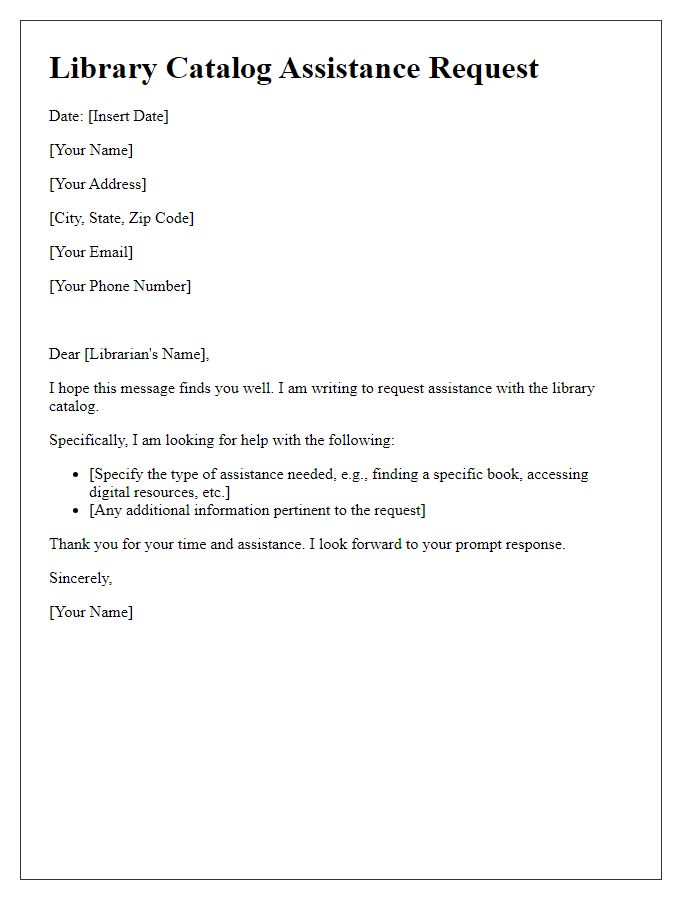 Letter template of library catalog assistance request