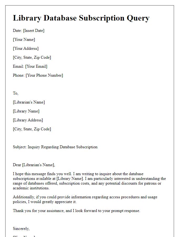 Letter template of library database subscription query