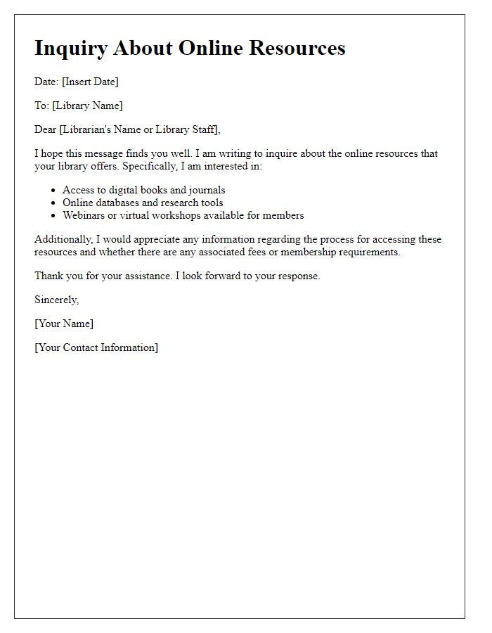 Letter template of library online resources inquiry