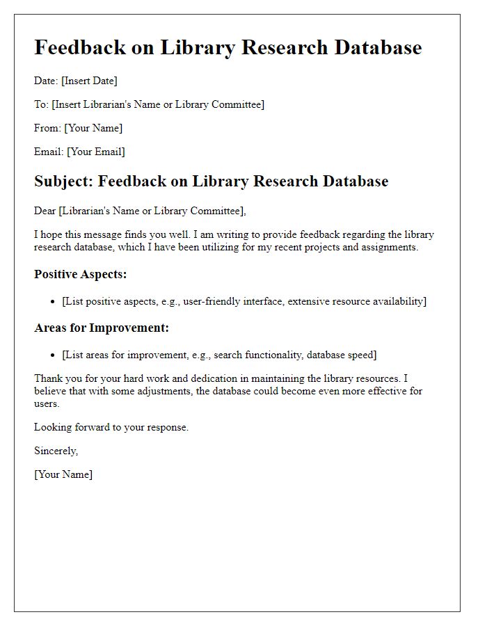 Letter template of library research database feedback