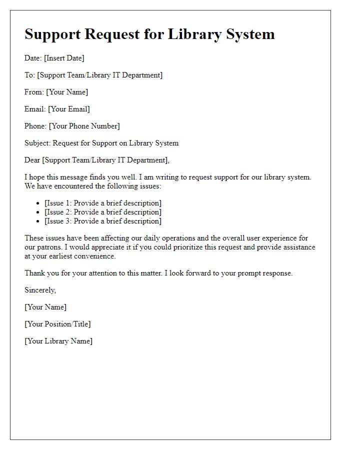 Letter template of library system support request