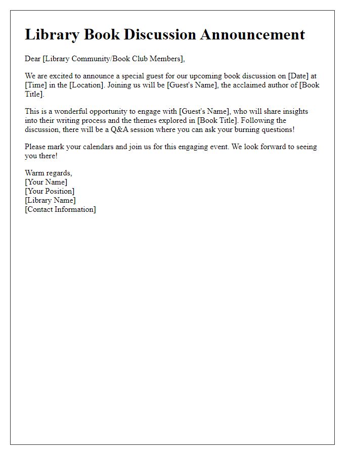 Letter template of announcement for special guest at library book discussion.